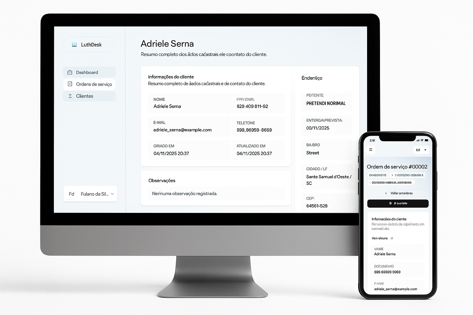 Painel de controle do LuthDesk mostrando ordens de serviço e instrumentos.