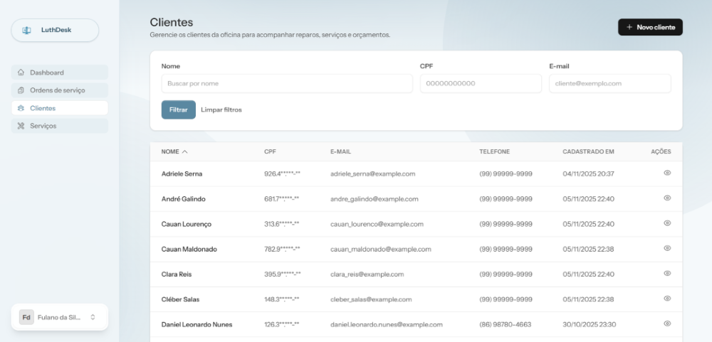 Lista de clientes cadastrados no sistema